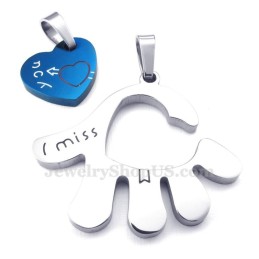 Colar Com Pingente De Mão De Casal Em Titânio Com Corações Azuis (Corrente Grátis) (Um Par)