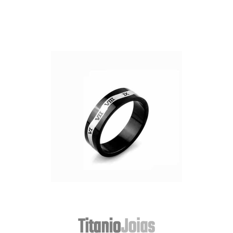 Anel Masculino De Titânio Preto Com Algarismos Romanos 6 Mm Anel Masculino De Titânio Preto Com Algarismos Romanos 6 Mm