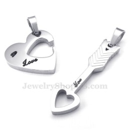 Colar Com Pingente De Casal Em Forma De Flecha De Cupido E Corações Em Prata E Titânio (Corrente Grátis) (Um Par)
