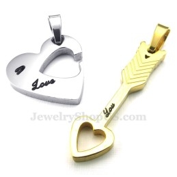 Colar Com Pingente De Casal Em Forma De Flecha De Cupido E Corações Em Titânio Dourado (Corrente Grátis) (Um Par)