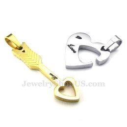 Colar Com Pingente De Casal Em Forma De Flecha De Cupido E Corações Em Titânio Dourado (Corrente Grátis) (Um Par)