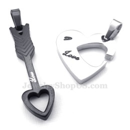 Colar Com Pingente De Casal Em Formato De Flecha De Cupido Preto E Titânio (Corrente Grátis) (Um Par)