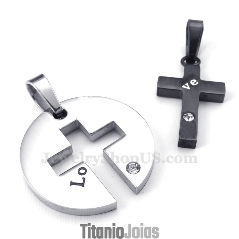 Colar Com Pingente De Casal Em Titânio Preto E Cruz (Corrente Grátis) (Um Par) Colar Com Pingente De Casal Em Titânio Preto E Cruz (Corrente Grátis) (Um Par)