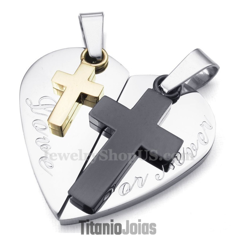 Colar Com Pingente De Casal Em Formato De Coração E Cruz Dupla De Titânio (Corrente Grátis) (Um Par) Colar Com Pingente De Casal Em Formato De Coração E Cruz Dupla De Titânio (Corrente Grátis) (Um Par)
