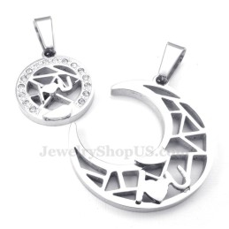 Colar Com Pingente De Casal Em Titânio E Prata Com Lua E Estrelas (Corrente Grátis) (Um Par)