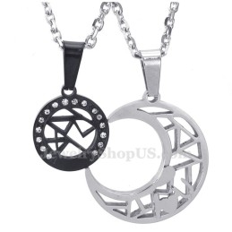 Colar Com Pingente De Casal Em Titânio Com Lua E Estrelas (Corrente Grátis) (Um Par)