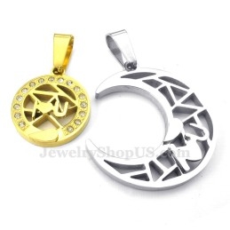 Colar Com Pingente De Casal Em Titânio Dourado Com Lua E Estrelas (Corrente Grátis) (Um Par)