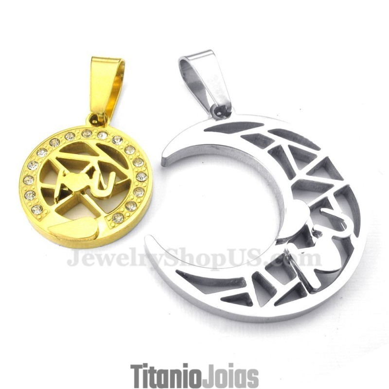Colar Com Pingente De Casal Em Titânio Dourado Com Lua E Estrelas (Corrente Grátis) (Um Par)