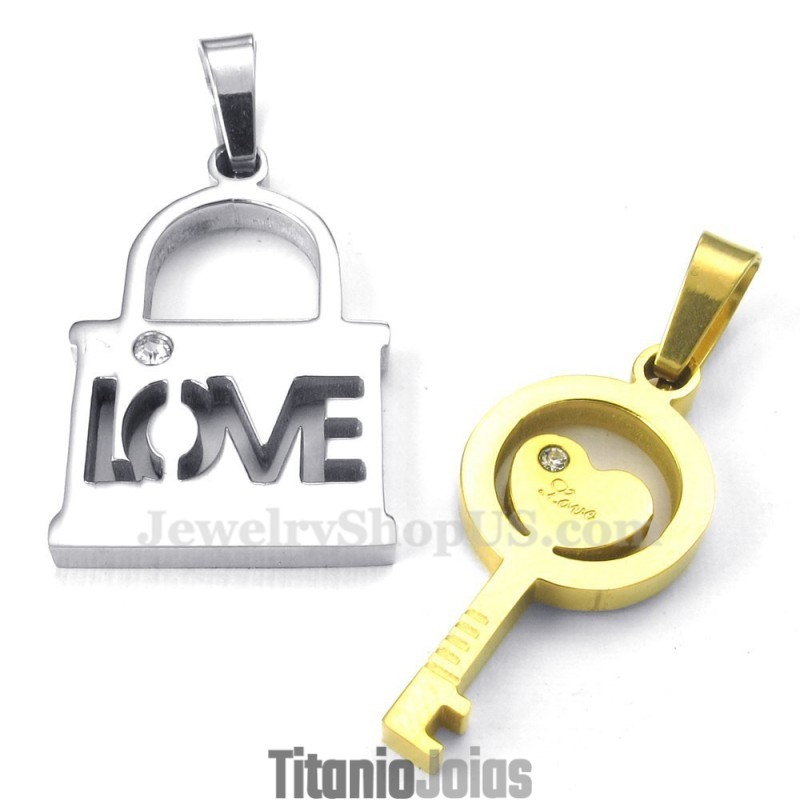 Colar Com Pingente De Chave De Titânio E Ouro (Corrente Grátis) (Um Par) Colar Com Pingente De Chave De Titânio E Ouro (Corrente Grátis) (Um Par)