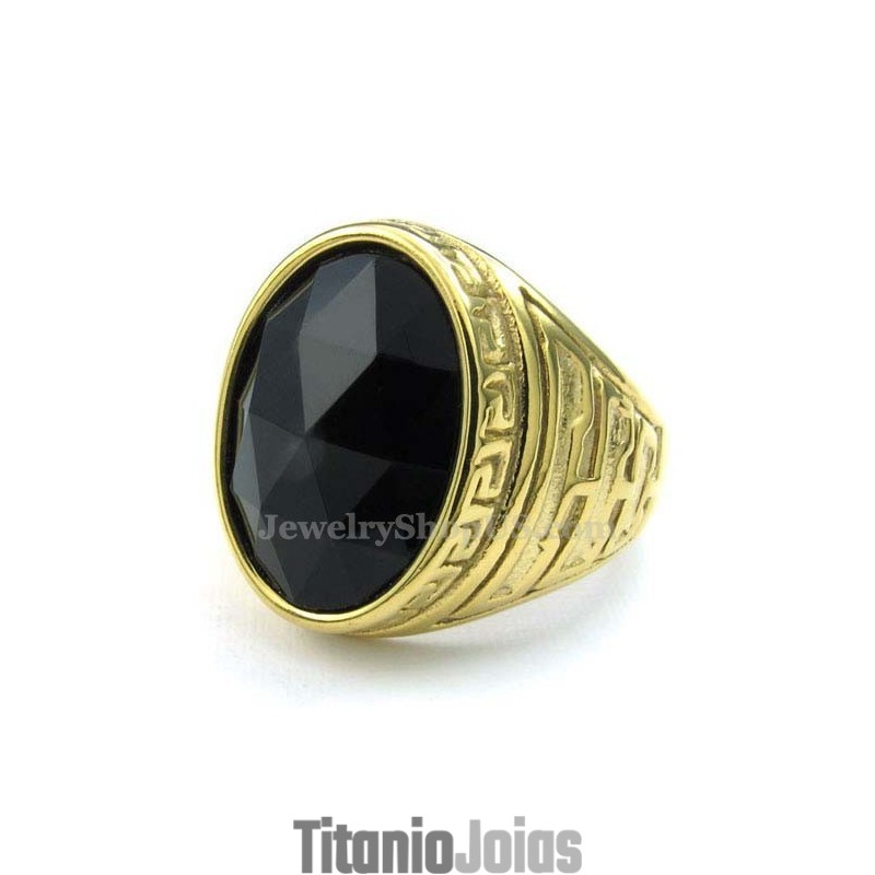 Anel Masculino De Titânio Dourado Com Zircônia Preta Anel Masculino De Titânio Dourado Com Zircônia Preta