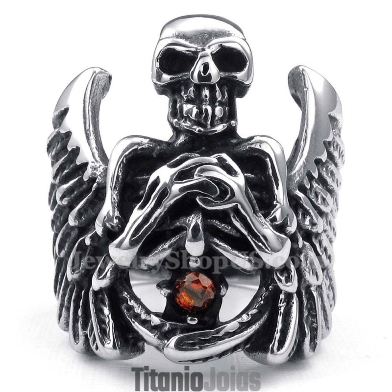 Anel De Caveira De Titânio Com Asa