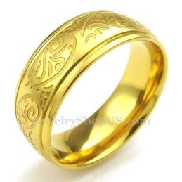 Anel Redondo De Titânio Dourado Com Padrão Floral