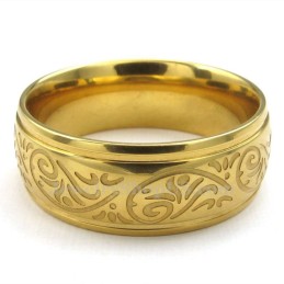 Anel Redondo De Titânio Dourado Com Padrão Floral