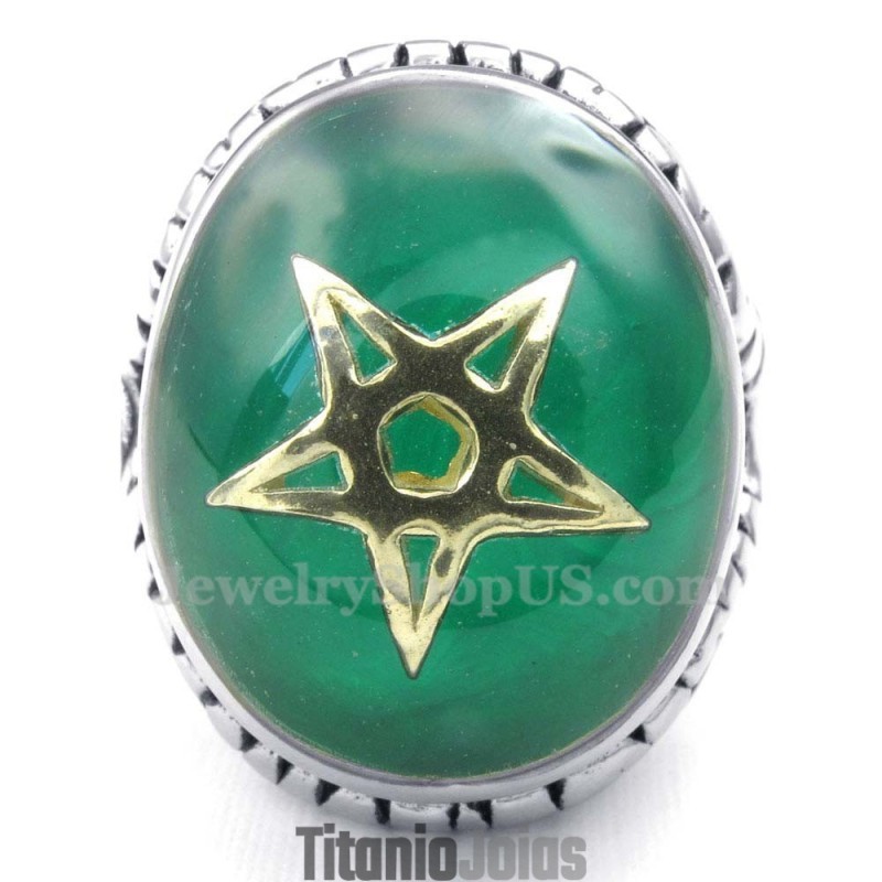 Anel De Titânio Verde Com Estrela De Cinco Pontas Em Ouro Anel De Titânio Verde Com Estrela De Cinco Pontas Em Ouro