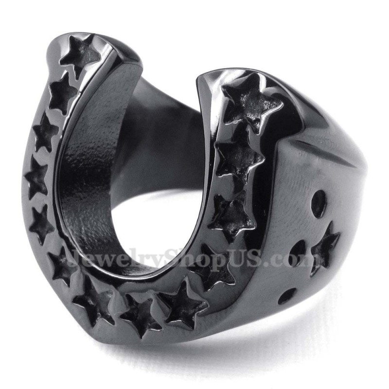 Anel De Casco De Cavalo De Titânio Preto Com Estrela De Cinco Pontas Anel De Casco De Cavalo De Titânio Preto Com Estrela De Cinco Pontas