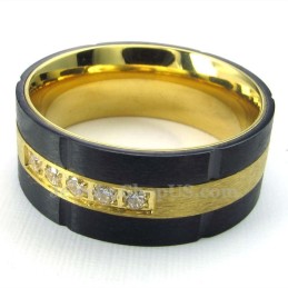 Anel De Titânio Preto Dourado Com Zircônia Branca