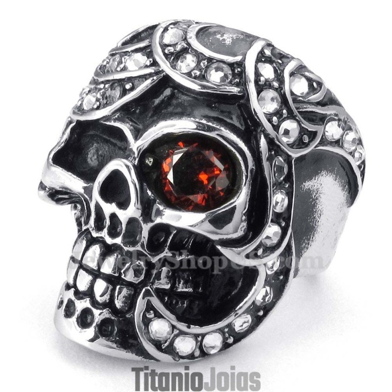 Anel De Caveira De Titânio Com Zircônia Vermelha Anel De Caveira De Titânio Com Zircônia Vermelha