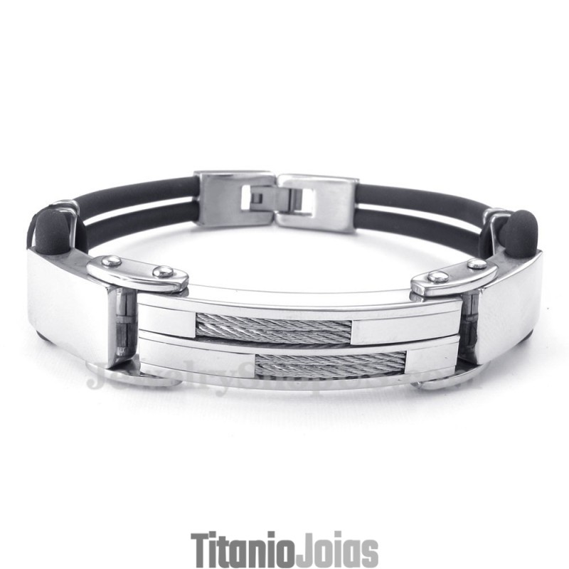 Pulseiras De Titânio Preto Prateado Com Couro De Arame Pulseiras De Titânio Preto Prateado Com Couro De Arame