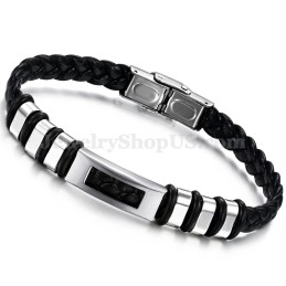 Pulseira Masculina De Couro De Titânio Preto E Prata C767