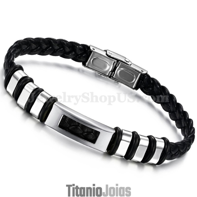 Pulseira Masculina De Couro De Titânio Preto E Prata C767 Pulseira Masculina De Couro De Titânio Preto E Prata C767