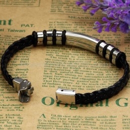 Pulseira Masculina De Couro De Titânio Preto E Prata C767