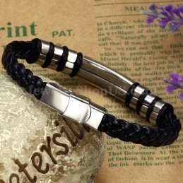 Pulseira Masculina De Couro De Titânio Preto E Prata C767