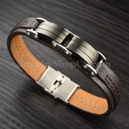 Pulseira Masculina Clássica De Couro De Titânio C963