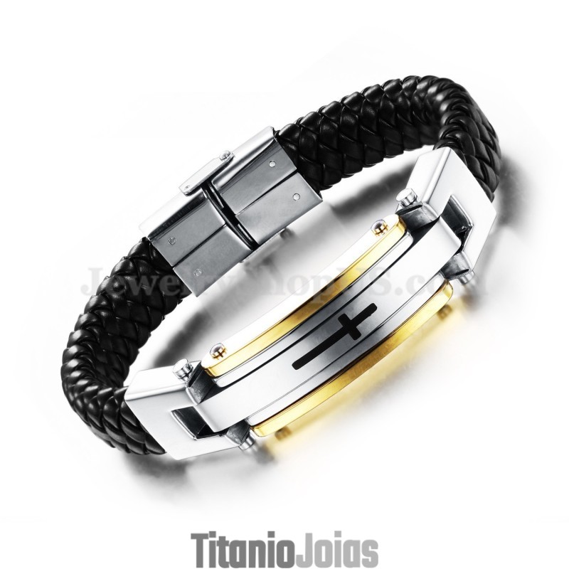 Pulseira Masculina Cruz De Couro Em Titânio C916 Pulseira Masculina Cruz De Couro Em Titânio C916