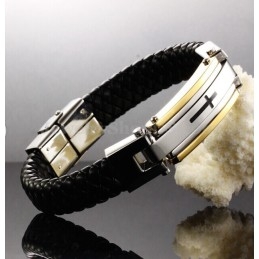 Pulseira Masculina Cruz De Couro Em Titânio C916