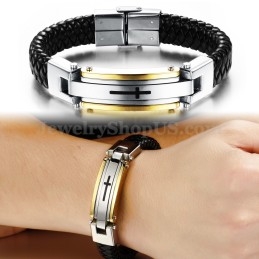 Pulseira Masculina Cruz De Couro Em Titânio C916