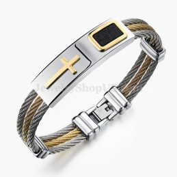 Pulseira Masculina De Titânio E Ouro Com Cruz C785
