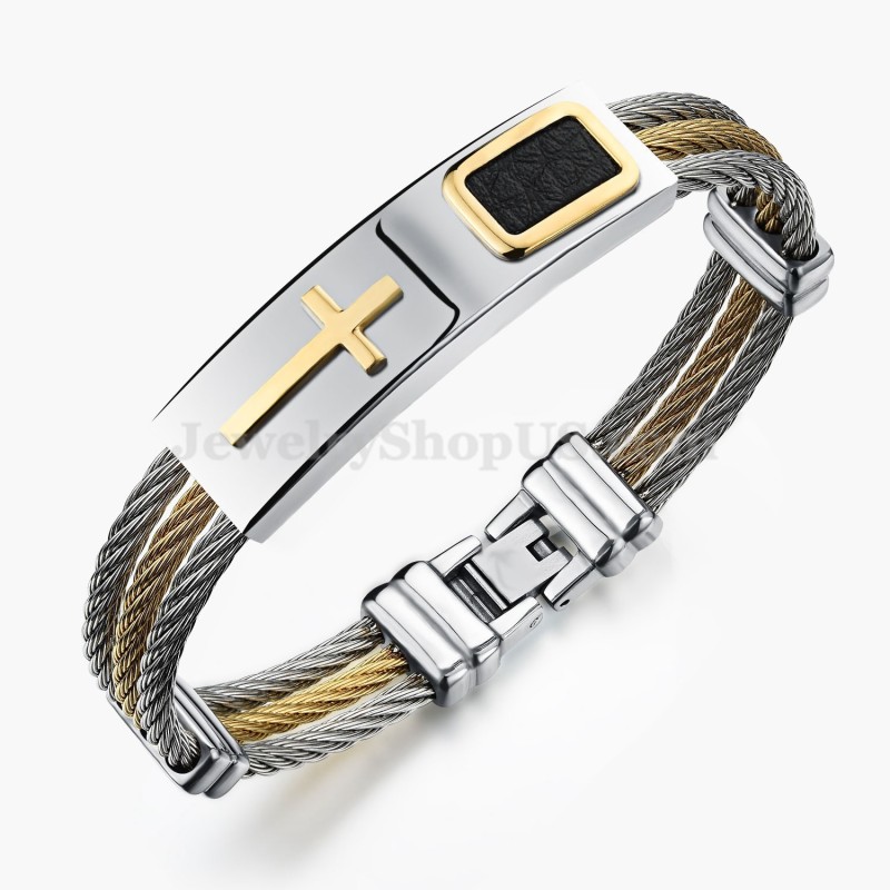 Pulseira Masculina De Titânio E Ouro Com Cruz C785