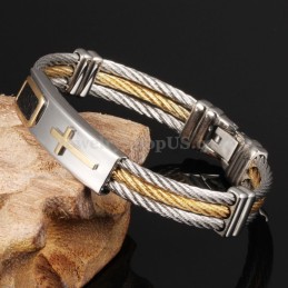 Pulseira Masculina De Titânio E Ouro Com Cruz C785