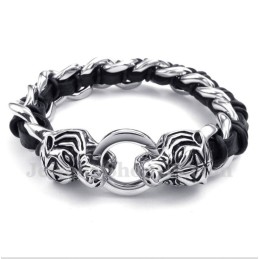 Pulseira Masculina De Couro Com Cabeça De Tigre Em Titânio