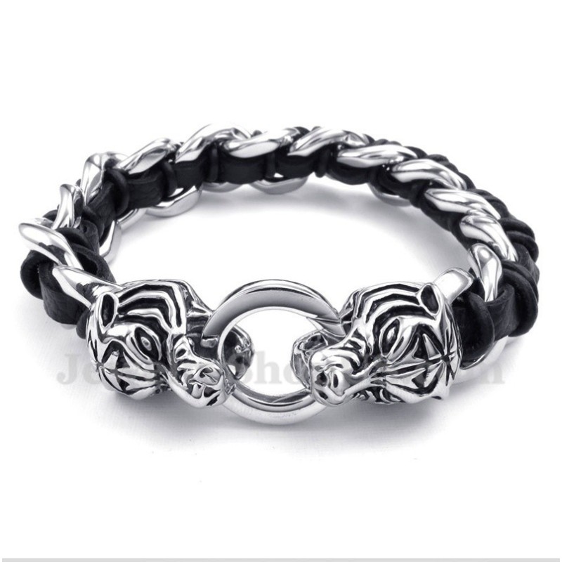 Pulseira Masculina De Couro Com Cabeça De Tigre Em Titânio Pulseira Masculina De Couro Com Cabeça De Tigre Em Titânio