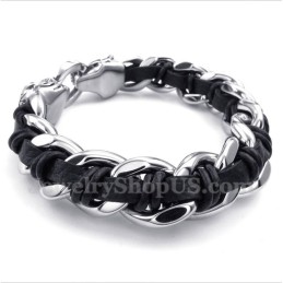 Pulseira Masculina De Couro Com Cabeça De Tigre Em Titânio