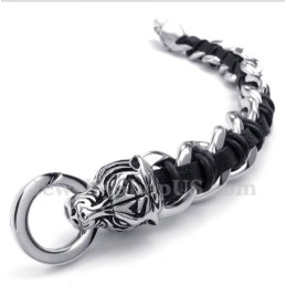 Pulseira Masculina De Couro Com Cabeça De Tigre Em Titânio