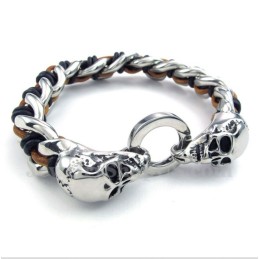 Pulseira Masculina De Couro Com Caveira De Titânio
