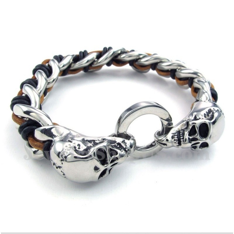 Pulseira Masculina De Couro Com Caveira De Titânio Pulseira Masculina De Couro Com Caveira De Titânio