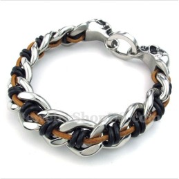 Pulseira Masculina De Couro Com Caveira De Titânio