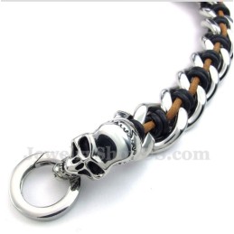 Pulseira Masculina De Couro Com Caveira De Titânio
