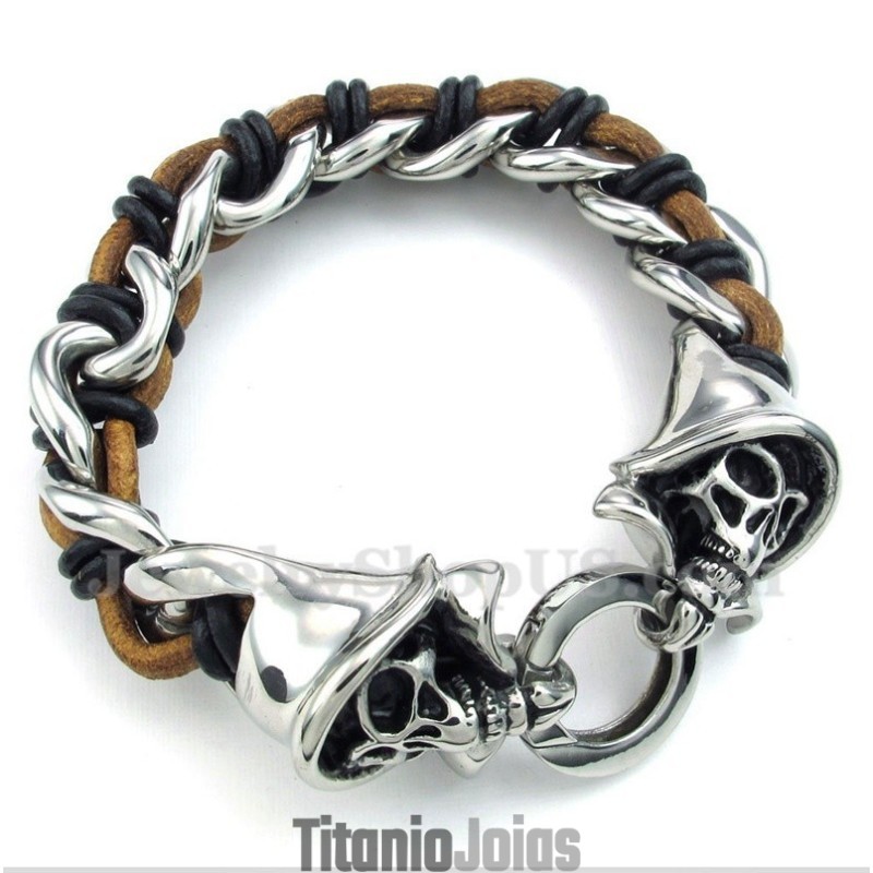 Pulseira Masculina De Couro Grim Reaper Em Titânio