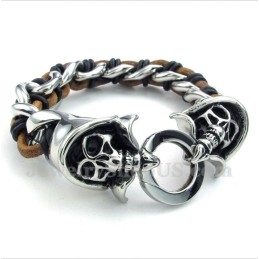 Pulseira Masculina De Couro Grim Reaper Em Titânio