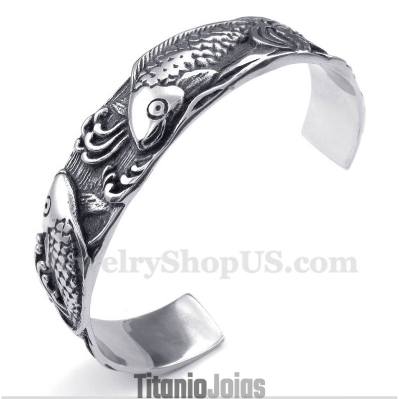 Pulseira Masculina De Titânio Com Padrão De Peixes Pulseira Masculina De Titânio Com Padrão De Peixes