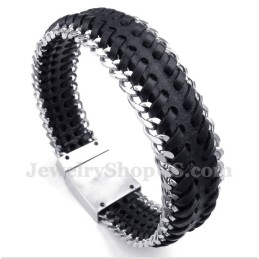 Pulseira Masculina De Couro Preto De Titânio