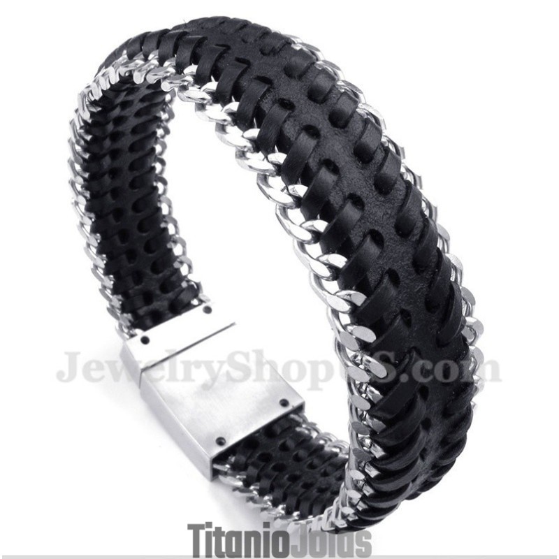 Pulseira Masculina De Couro Preto De Titânio Pulseira Masculina De Couro Preto De Titânio