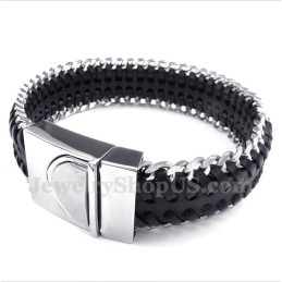 Pulseira Masculina De Couro Preto De Titânio