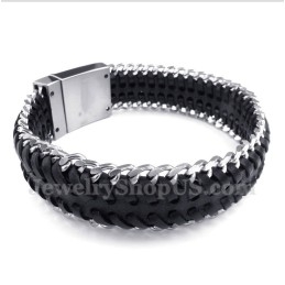 Pulseira Masculina De Couro Preto De Titânio