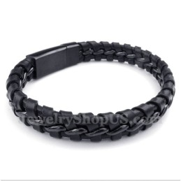 Pulseira Masculina De Couro Preto De Titânio