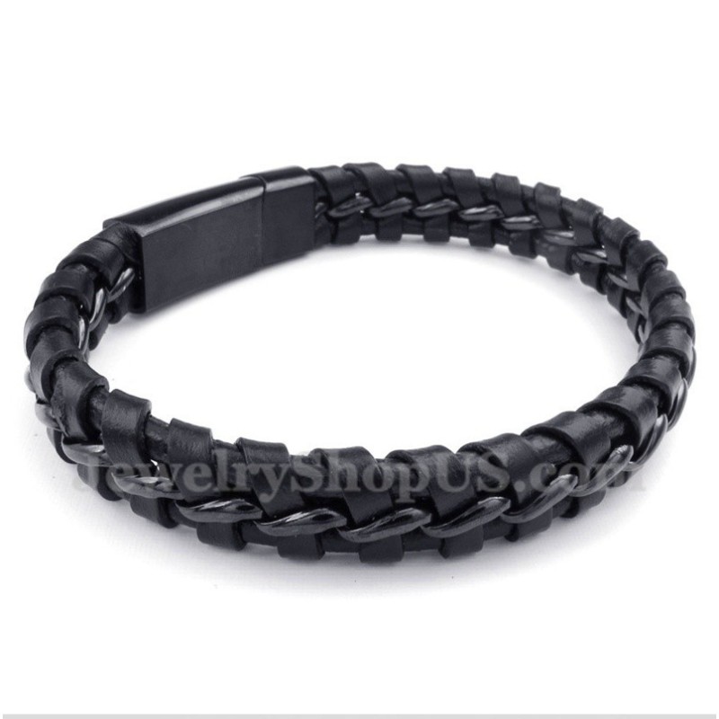 Pulseira Masculina De Couro Preto De Titânio Pulseira Masculina De Couro Preto De Titânio